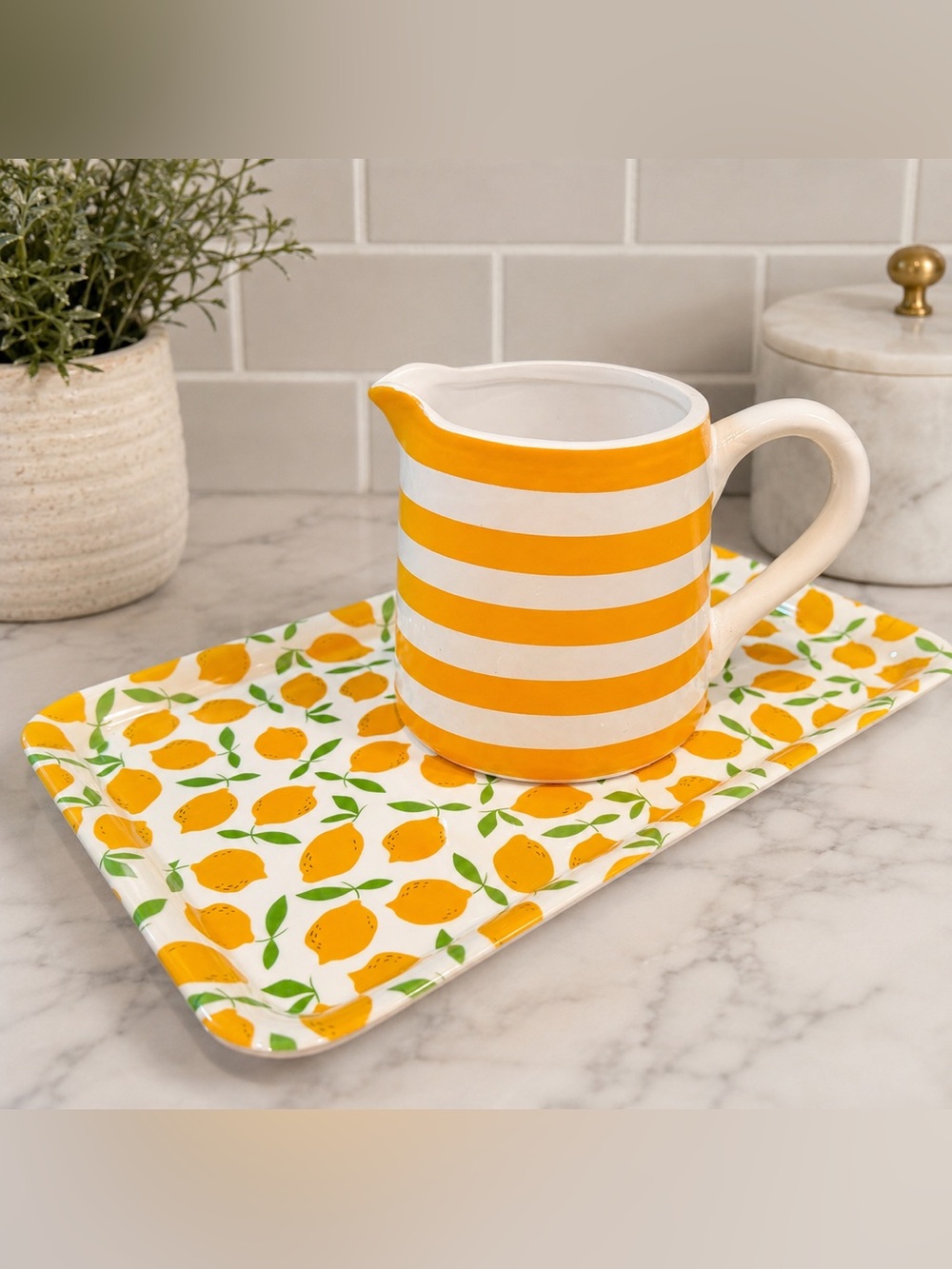 NEW Yellow Stripe Ceramic Pitcher Lemon Tray Set Luxe Citrus Kitchen Decor
